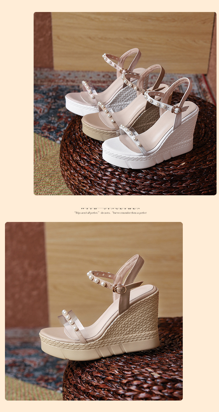 Sandal cao gót nữ hở mũi quai ngang đính ngọc trai, đế xuồng dày dáng La Mã — màu trắng, màu mơ chi tiết 9