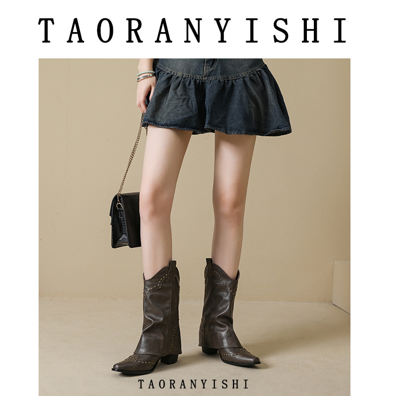 2025 Retro Short Brown V-cut Fashionable Western Cowboy Boots, Studded Mid-calf Boots For Women_vogvips.com