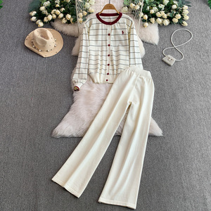 时尚针织套装女2025新款韩版拼色条纹圆领单排扣外套+高腰阔腿裤
