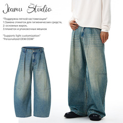 JIAMU美式高街褶皱猫须baggy jeans牛仔裤男女宽松阔腿中性弯刀裤