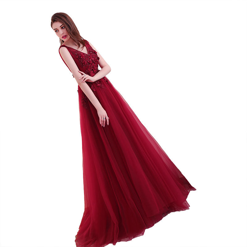Comercio exterior europeo y americano Amazon AliExpress deseo nuevo cuello en V 3D flor con cuentas vino rojo vestido de noche vestido tostado