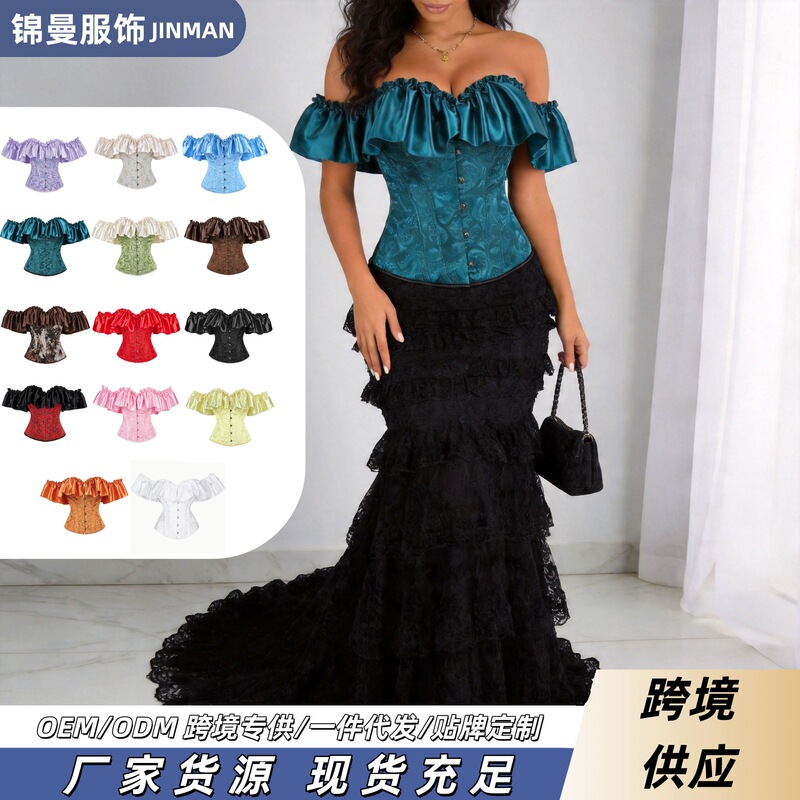 Cross-Border Hot-Selling Corset Top in Dark Green Jacquard with Off-Shoulder Design, Satin Ruffles, and Buttoned Front