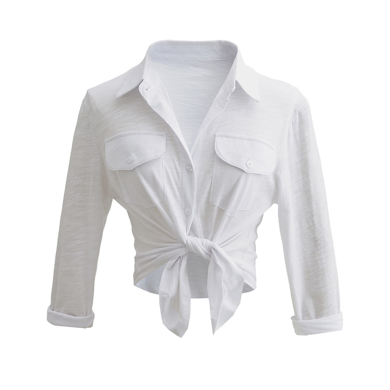 Trendy sporty waist-cinching polo shirt for women, pure and alluring, autumn style, with a turn-down collar, long sleeves, tie straps, and single-breasted buttons, wholesale Trendy sporty waist-cinching polo shirt for women, pure and alluring, autumn style, with a turn-down collar, long sleeves, tie straps, and single-breasted buttons, wholesale