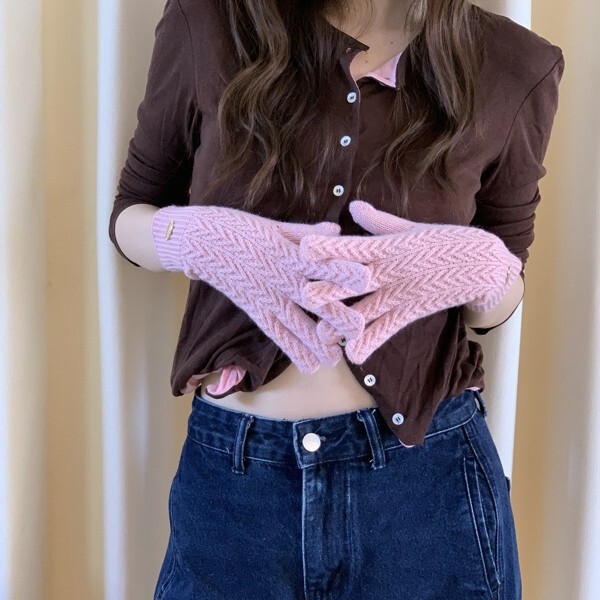 日韩系纯色手套女冬季毛线针织八字麻花秋冬骑车触屏漏手指手套|undefined