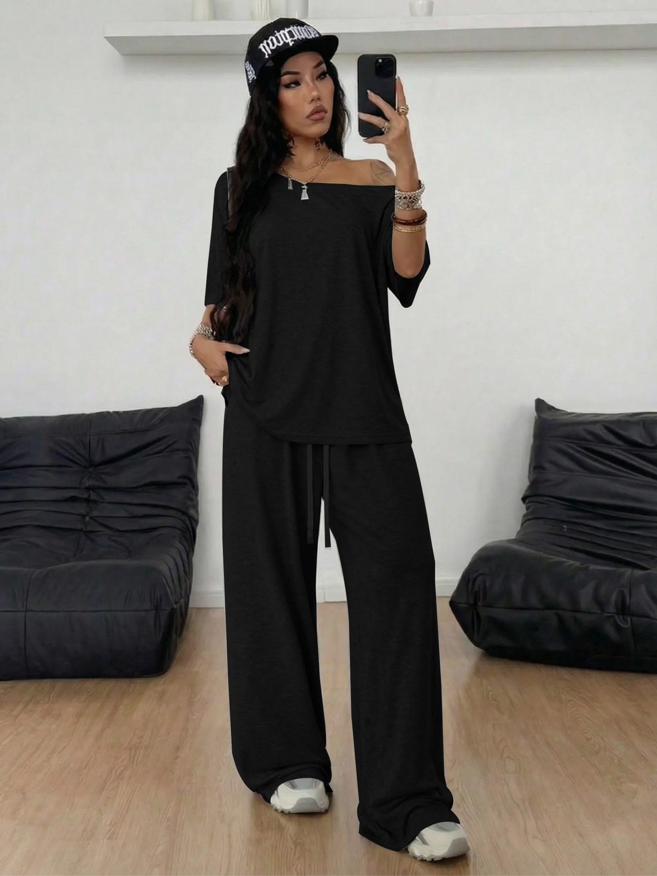 Women's Pant Sets Solid Color Casual Loose Wide Leg Two Piece Suit_voghion.com