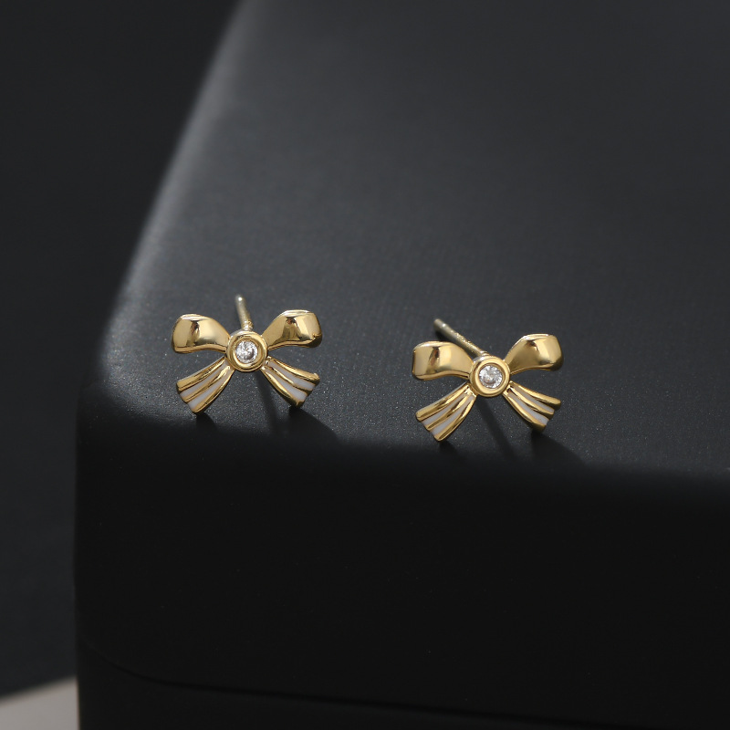 1 Set Simple Style Heart Shape Bow Knot Plating Inlay Copper Zircon Ear Studs display picture 5