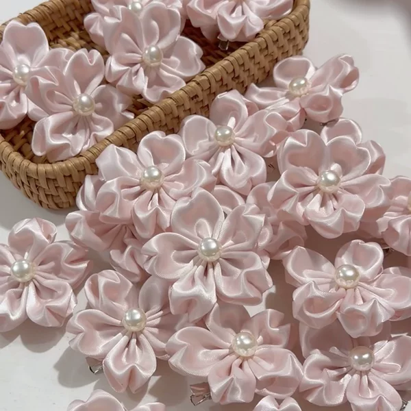 Cute girl's pink cherry blossom bow accessory, sweet side clip, duckbill clip, satin five-petal flower hair accessory