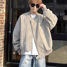 美式夹克复古PU皮衣外套男秋冬款潮牌拼接设计飞行员短款棒球服