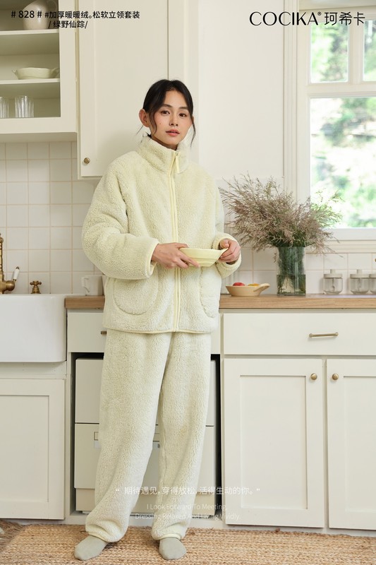 828冬季新款睡衣女立领拉链套装加绒加厚珊瑚绒保暖慵懒家居服外|undefined