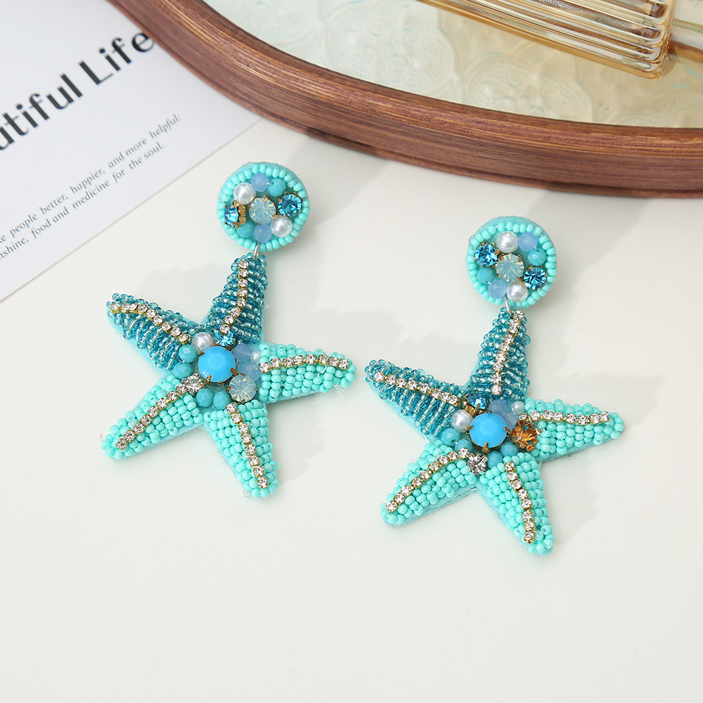 Starfish, Shell Pattern 1 Pair IG Style Marine Style Starfish Shell Beaded Inlay Glass Rhinestones Drop Earrings Ear Studs
