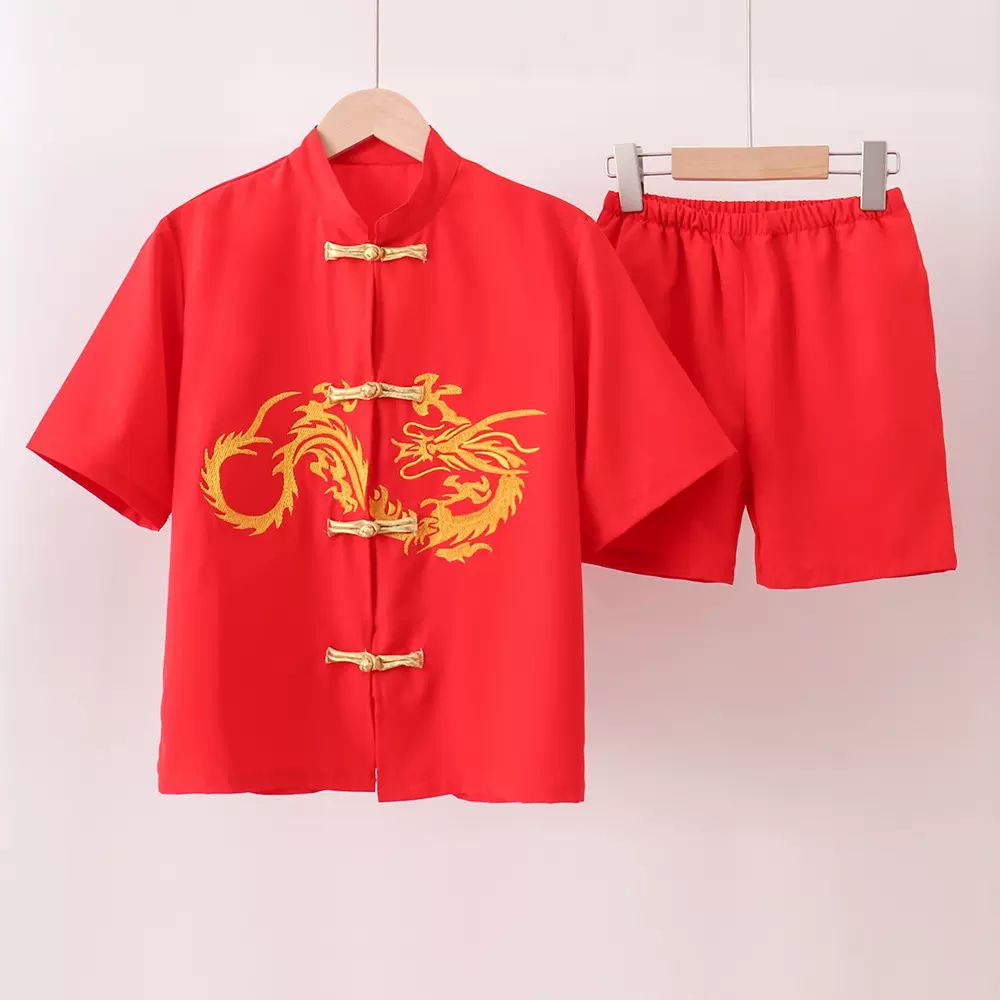 儿童立领演出服中国风唐装中式汉服短袖长短裤套装红色过年服男
