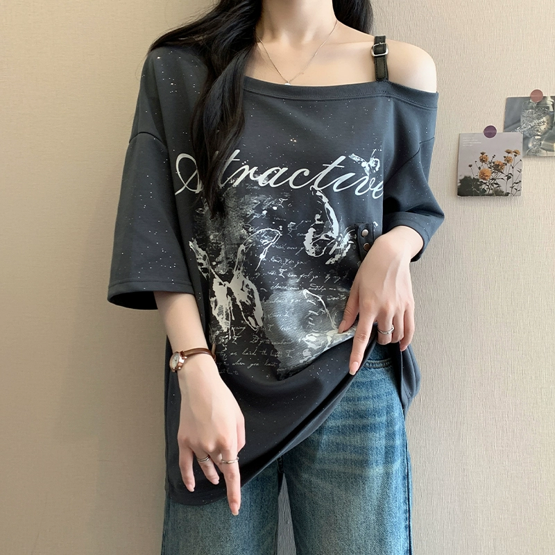 Европейская футболка с короткими рукавами с косым плечом и короткими рукавами 2025 новый летний взрыв большого размера женская толстая мм тонкая рубашка