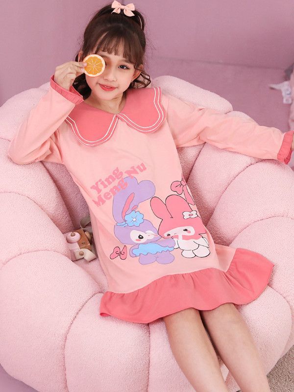 Camisón para niñas primavera y otoño nuevo estilo manga larga color sólido algodón dibujos animados Mella Ti niño grande bebé princesa pijama para niños
