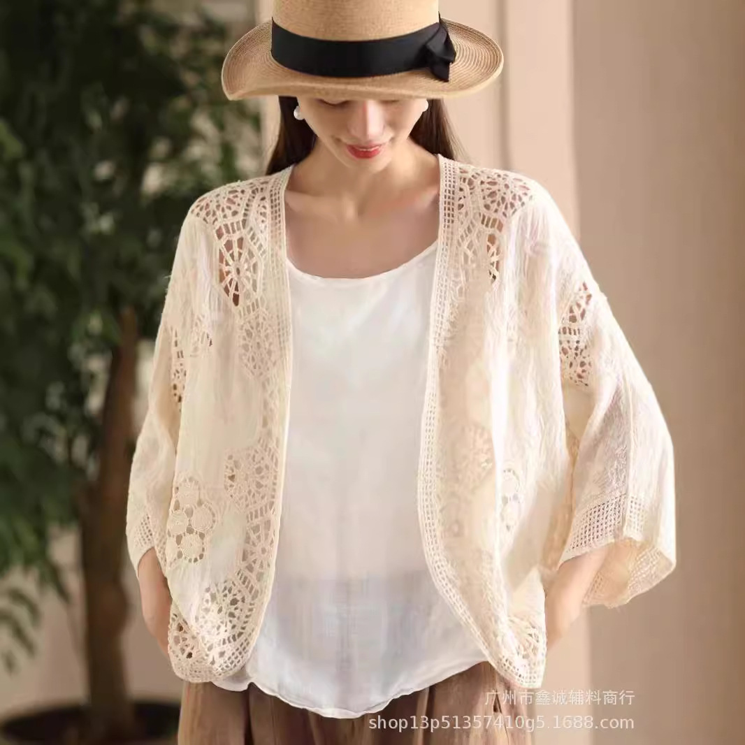 Retro industria pesada hueco gancho diseño sensación de vestir cardigan de punto de verano de mujeres temperamento superior bordado blusa image 5
