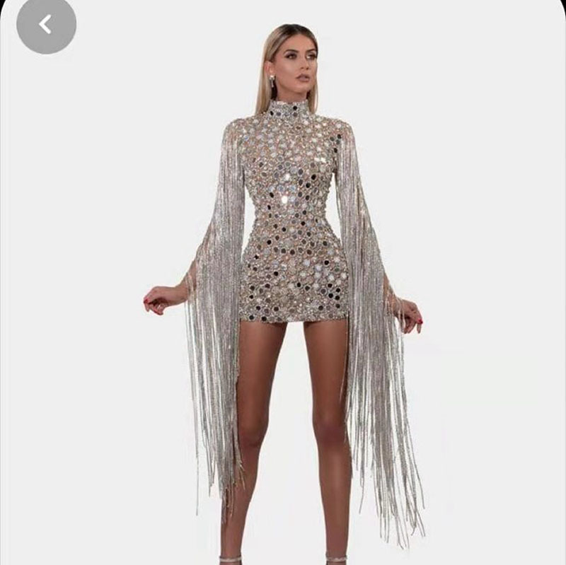 Sequin Prom Dresses 2024 Short Crystal Tassel Glitter Diamond Dress Fashion Lady Silver Party Sequin