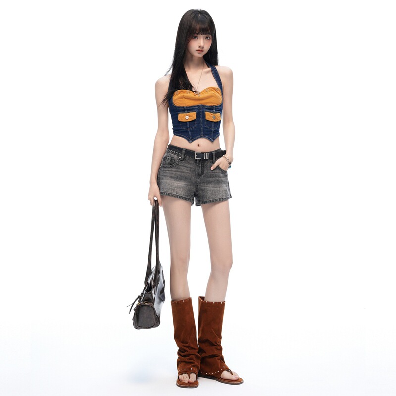 Black and Gray American-Style Washed Vintage Mid-Waist Denim Shorts for Women, 2026 Summer New Slim-Fit Flattering Hot Pants