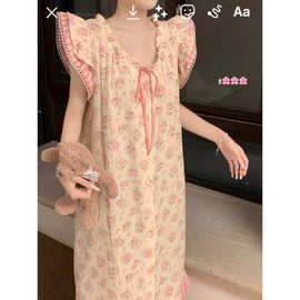 跨境专供外贸日系GP碎花双层棉纱睡裙女款2025夏季长款法式家居服