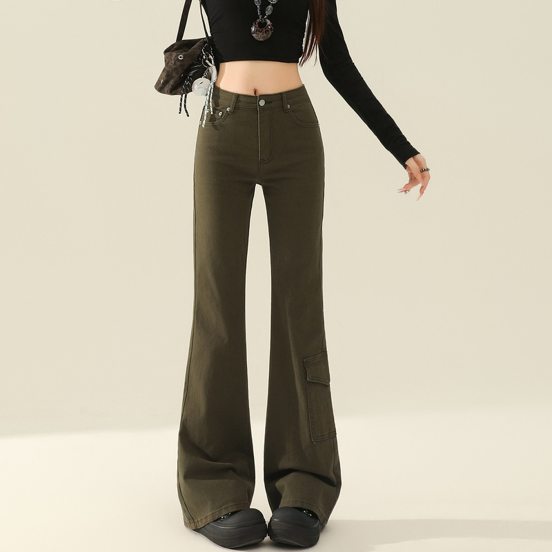 Army green flared denim pants, new spring/autumn trendy comfortable stretchy petite floor-length bell-bottom pants