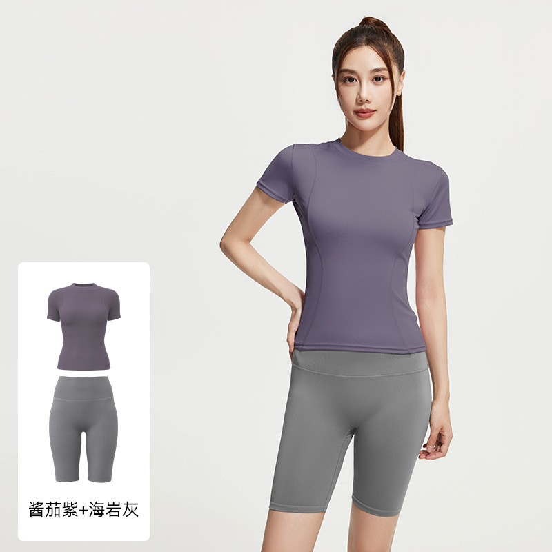 Juyi Tang verano yoga camisa de mangas cortas para mujeres delgada secado rápido y transpirable ajuste deportivo para correr y fitness set
