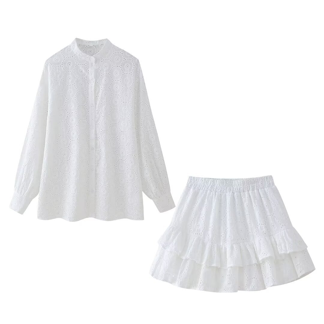 外贸2024欧美风春女装新款长袖白色镂空蕾丝衬衫+半身裙套装