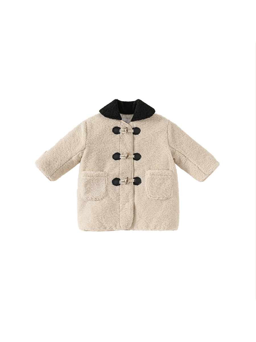 Youbao ropa para niños abrigo de solapa para niñas invierno nuevo estilo niños botones de cuerno niñas abrigo de lana de longitud media engrosado