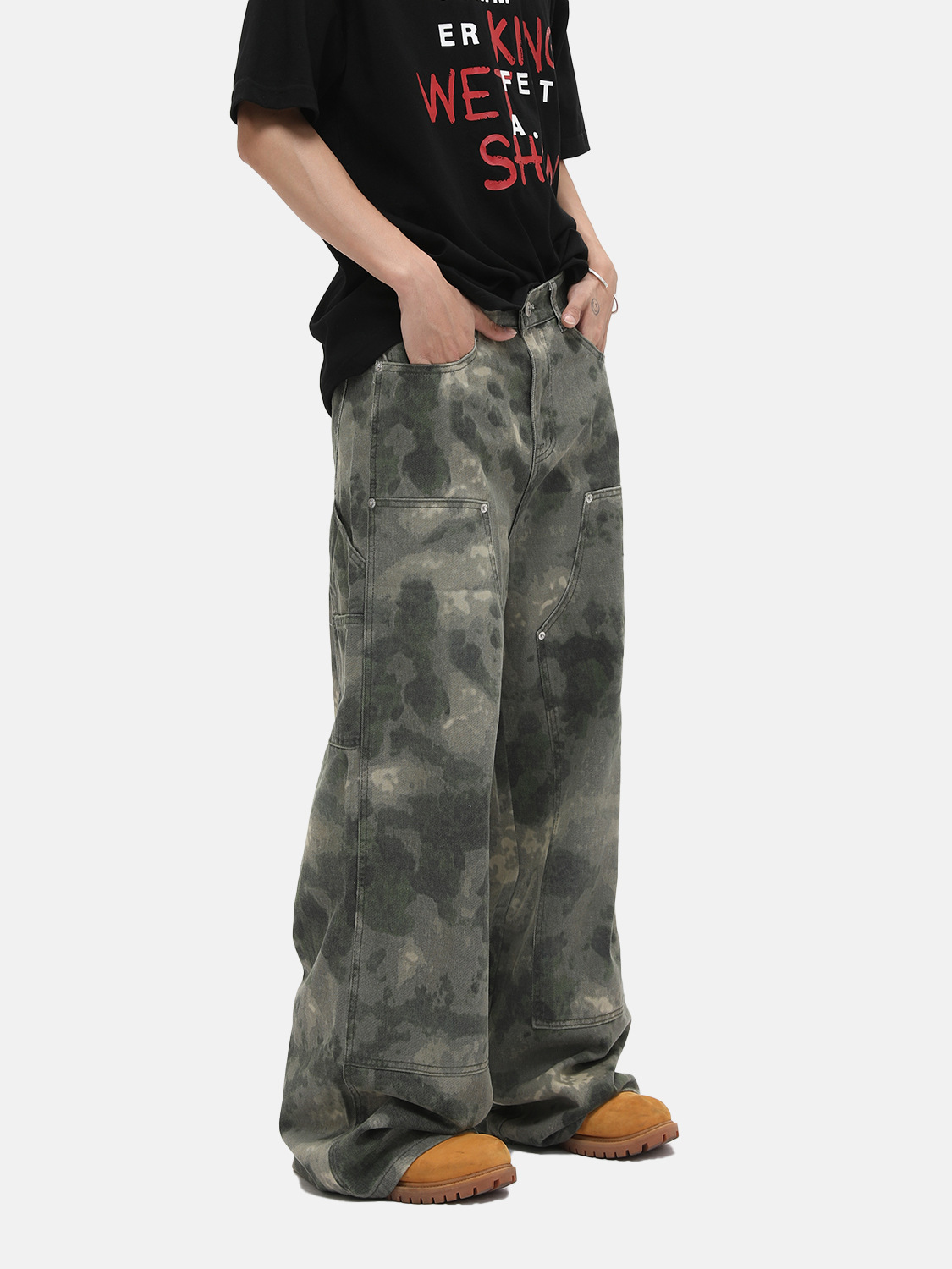 MTLCLOTHES Ropa de hombre | Camuflaje desgastado, costura descolorida, herramientas deconstruidas, jeans rectos de pierna ancha, moda casual