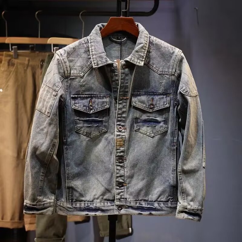 Retro American Style Vintage Washed Patchwork Motorcycle Jacket Denim Turn-Down Collar Hip-Hop Loose Workwear Coat