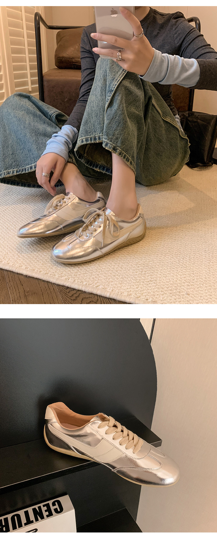 Giày sneaker nữ đế bệt mũi tròn dây buộc da thật phối màu phong cách Đức — Màu nâu chi tiết 25