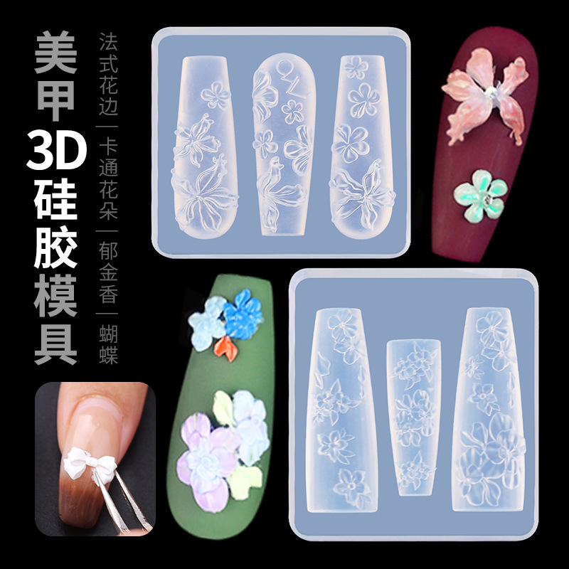 Molde de silicona para uñas transfronterizas, encaje francés, dibujos animados, flores, tulipanes, mariposas, uñas, joyas, herramientas al por mayor