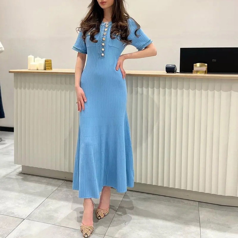 Cross-Border European and American Clothing Aliexpress Denim Splicing Knitted Long Skirt Women's High-Quality Popular Large-Swing Dress