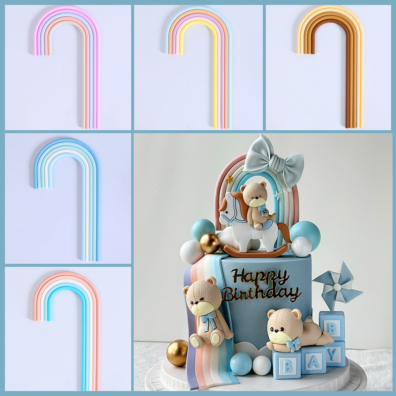 网红卡通蛋糕装饰 粉色蓝色森系五彩拱门彩虹软胶玩偶摆件
