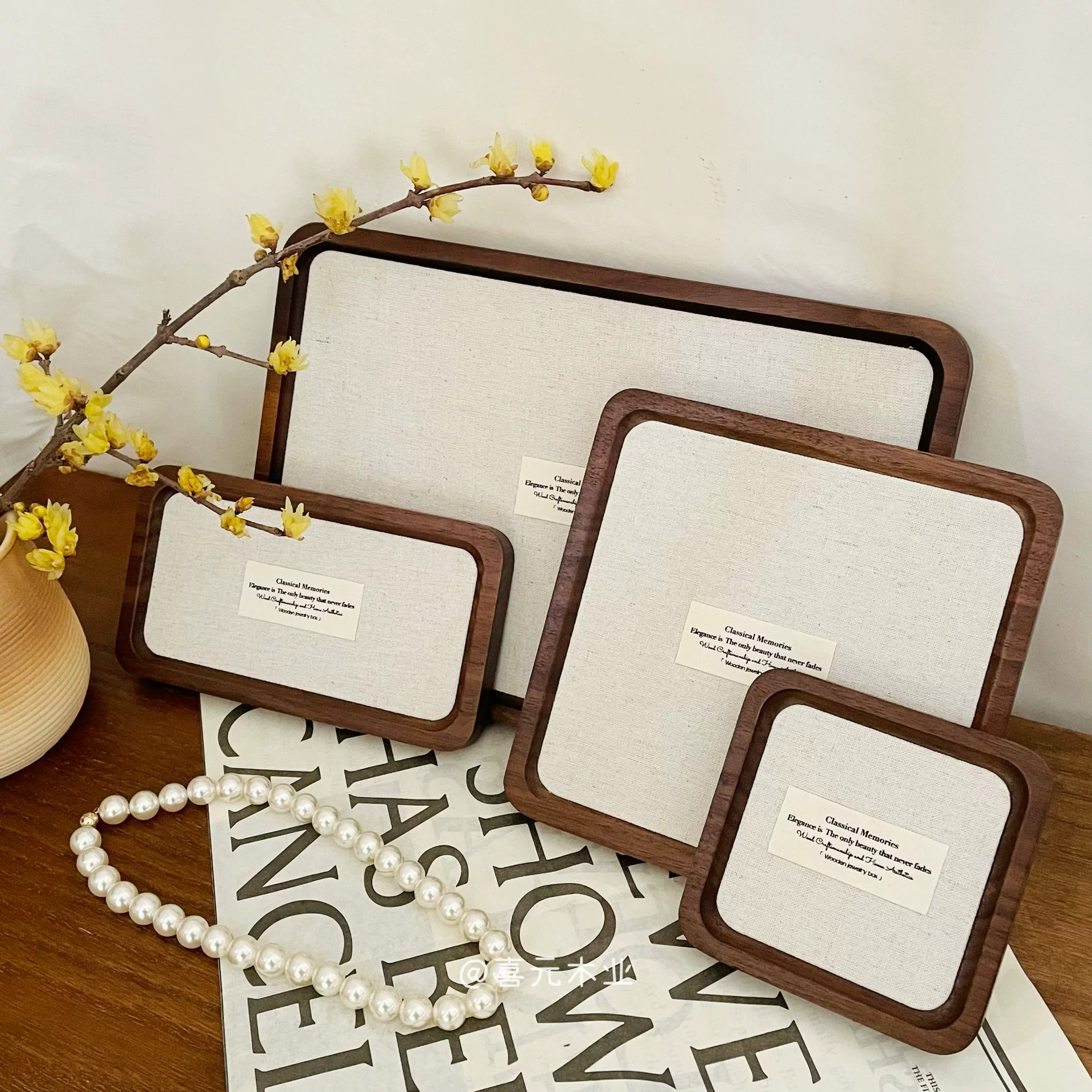 Льняной поднос для ювелирных изделий, поднос для колец, поднос из орехового дерева, подставка для дисплея, реквизит для фотографий из цельного дерева, ожерелье, ювелирные изделия