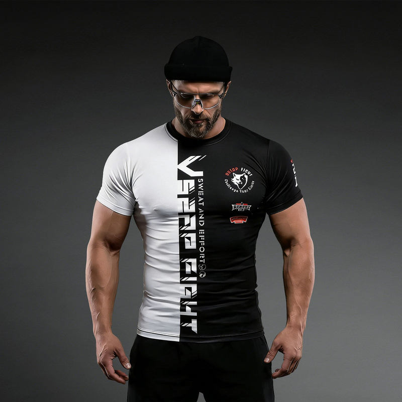 Vszap Simple Sports Style Men's Short-Sleeved T-Shirt Black and White Color-Blocking Printed Tight-Fitting Quick-Drying Fitness Training Clothing