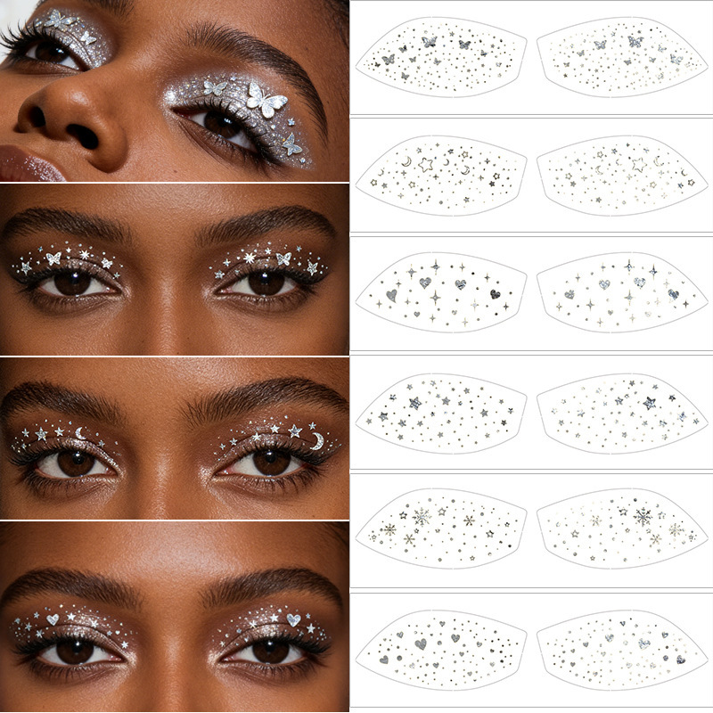 Cross-Border European and American Eye Shadow Stickers, Metal Tattoo Stickers, Waterproof Silver Decorative Freckle Stickers, Party Makeup Glitter Eye Makeup Stickers