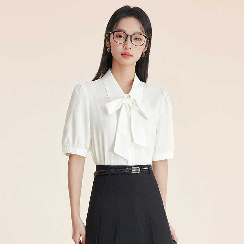 Модная иностранная рубашка с короткими рукавами бант женский 2025 весна лето новый повседневный дикий OL минималистская темпераментная рубашка