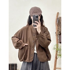 2025年韩版新款 纯色大口袋立领宽松女士外套秋季上衣批发潮