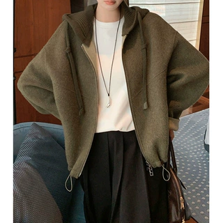 可拆卸连帽长袖绿色休闲外套女2026秋冬新款小个子羊毛呢抽绳上衣