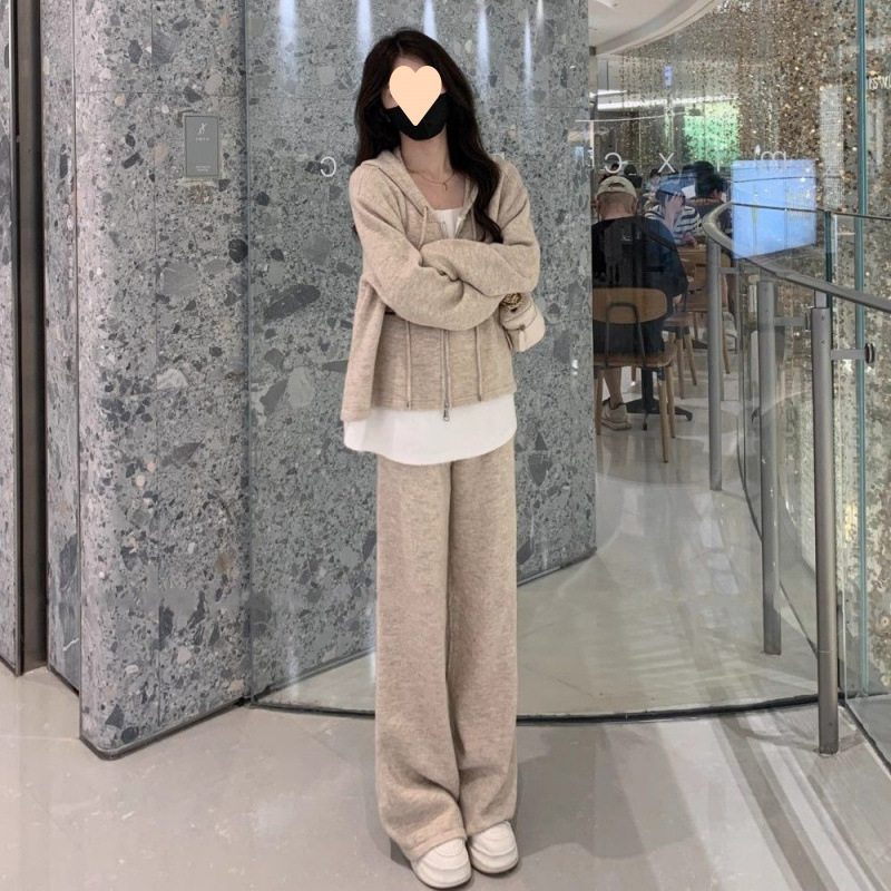 2025年春秋季套装女新款休闲时尚假两件开衫卫衣宽松阔腿裤两件套|undefined