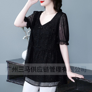 2025 summer new French European goods high-end counter lace organza fashion chiffon shirt top plus size women