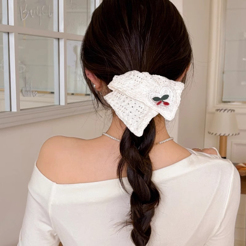 Tela hecha a mano pequeña toalla cuadrada bordada de cereza anillo de cabello de intestino grueso cuerdas de cabello coreanas simples cuerdas de cabello