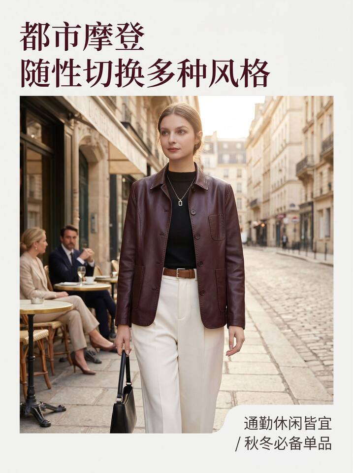 Áo khoác da nữ dáng ôm cổ polo một hàng cúc, tay công chúa, dài áo 50–65 cm — Màu cà phê, Mẫu lót lông màu cà phê, Mẫu lót lông màu đen, màu đen chi tiết 3
