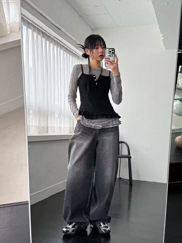 梵思羽秋冬新品纹理宽松牛仔裤男女同款水洗阔腿裤刺条纹轻奢面料|undefined