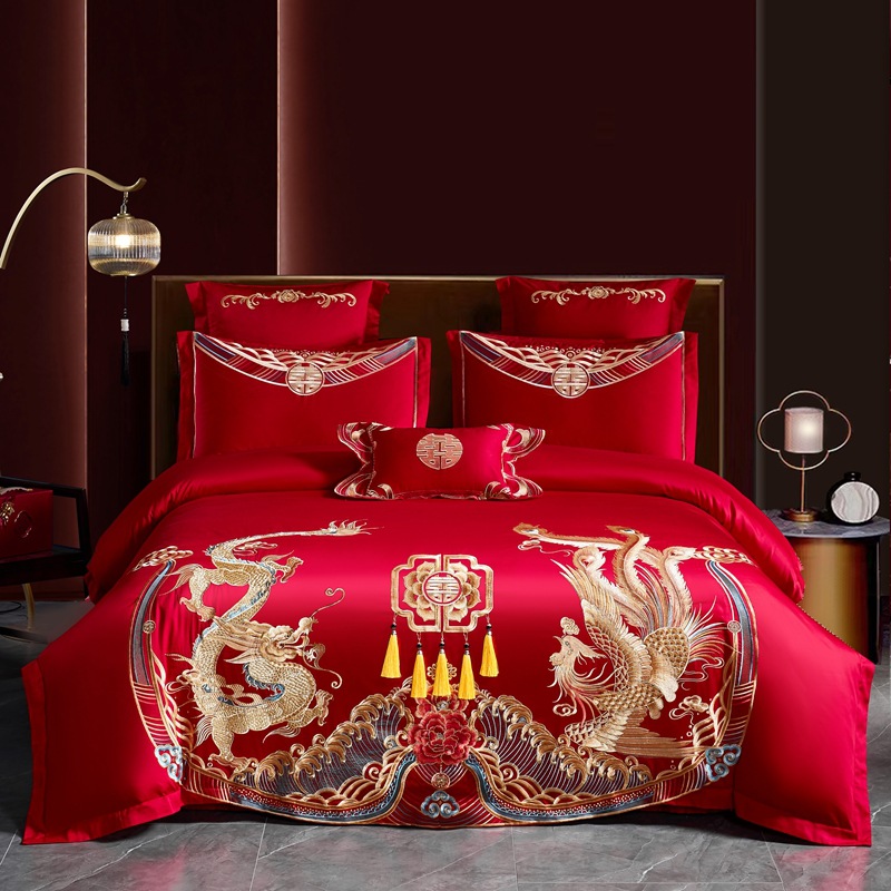 algodón molido de alta gama, bordado de bodas, algodón puro, cuatro piezas, ropa de cama de boda roja, lujo ligero