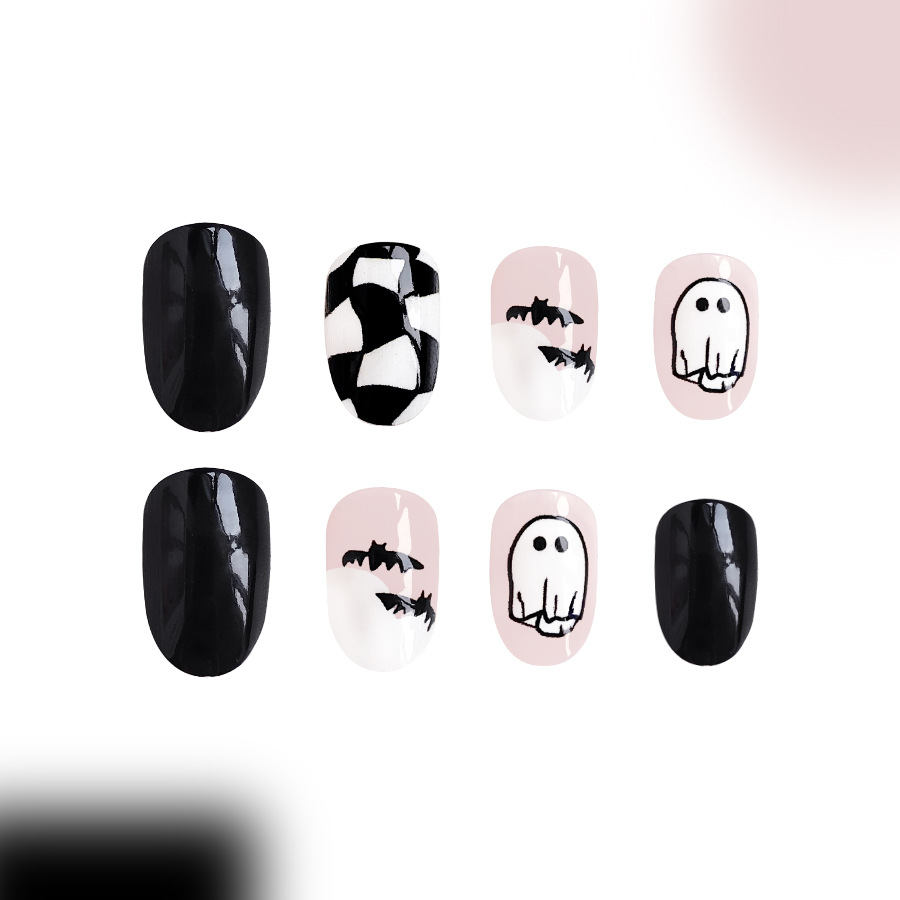 Halloween False Nails Spider Web Bat Ghost Print Oval Shape 48pcs_voghion.com