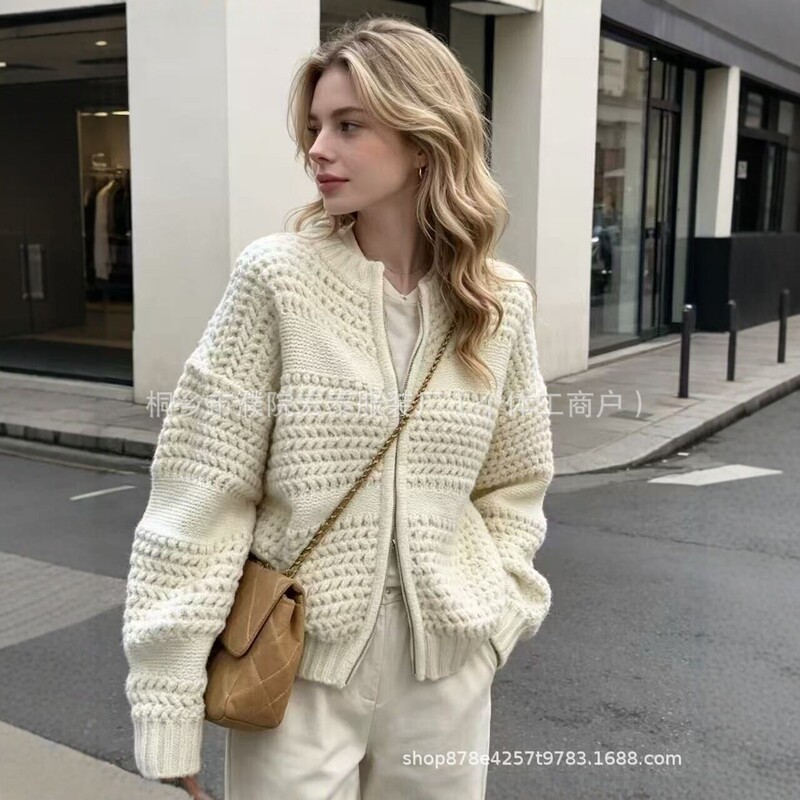 New European and American autumn/winter loose-fitting zippered knit cardigan for women, casual style thick sweater coat, solid color long-sleeve top New European and American autumn/winter loose-fitting zippered knit cardigan for women, casual style thick sweater coat, solid color long-sleeve top