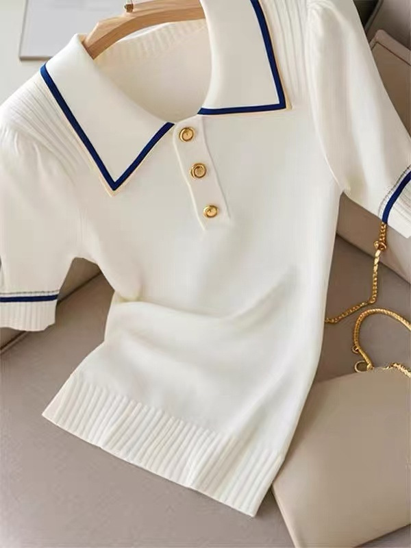 Women's Korean Style Color Block Striped Collared Short Sleeve T-Shirt Youthful Knitwear Top For Summer_ecoleips.com