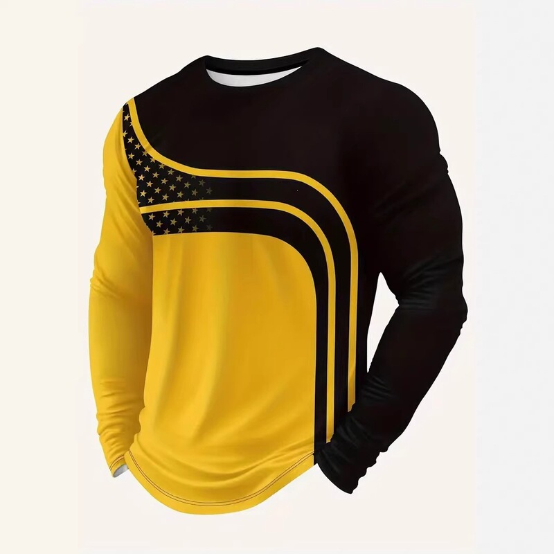 European Size Amazon Cross-Border Geometric Pattern Long-Sleeved Men's T-Shirt Round Neck Pullover Simple and Stylish 3D Digital Print