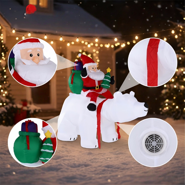Santa Claus inflable de 2.1 metros montado en un oso polar con luces LED, modelo inflable para decoración de jardín exterior.