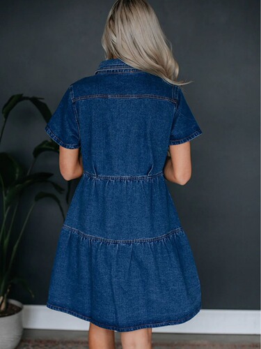 Summer European and American Independent Website Short-Sleeved Lapel Casual Style Women's Denim Dress 16809