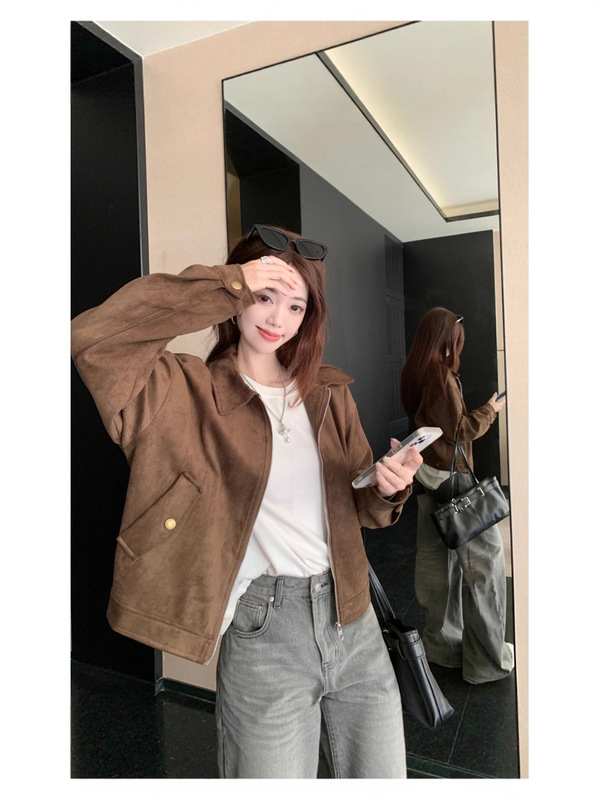 美拉德棕色仿麂皮绒外套女秋冬新款美式复古小个子短款夹克上衣|undefined